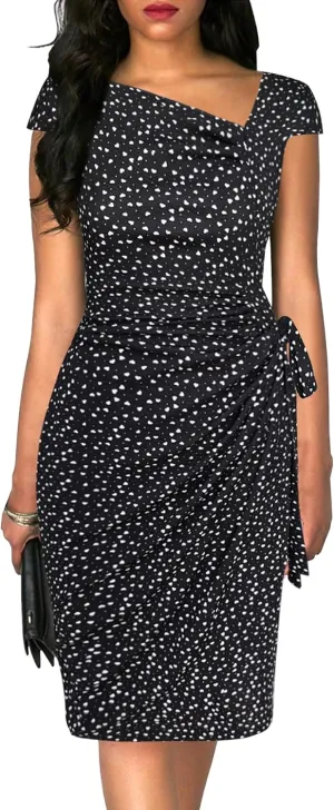 Women's Vintage Cap Sleeves Asymmetrical Neckline Sheath Bodycon Casual Work Cocktail Party Pencil Faux Wrap Dresses