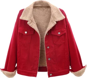 Womens Winter Warm Jean Jacket Stand Collar Wool Liner Sherpa Denim Coats Fleece Lined Denim Trucker Jacket Outerwear