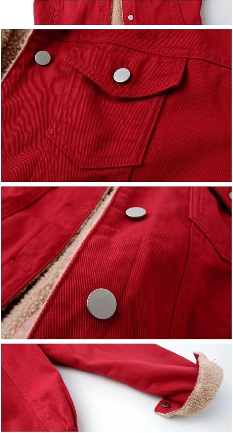 Womens Winter Warm Jean Jacket Stand Collar Wool Liner Sherpa Denim Coats Fleece Lined Denim Trucker Jacket Outerwear