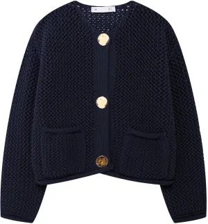 Wyeysyt Womens Cropped Cardigan Sweaters Chunky Knit Gold Button Down Open Front Cardigan Long Sleeve Crop Crochet Sweaters