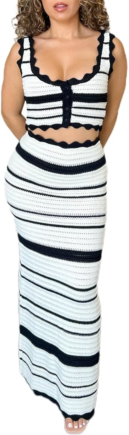 Y2k Knit Skirt Sets Women 2 Piece Outfits Striped Button CTank Top With Long Skirt Summer Vacation Beach Cover Up