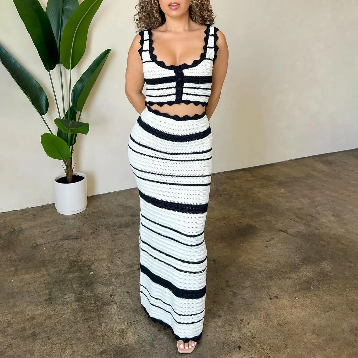 Y2k Knit Skirt Sets Women 2 Piece Outfits Striped Button CTank Top With Long Skirt Summer Vacation Beach Cover Up