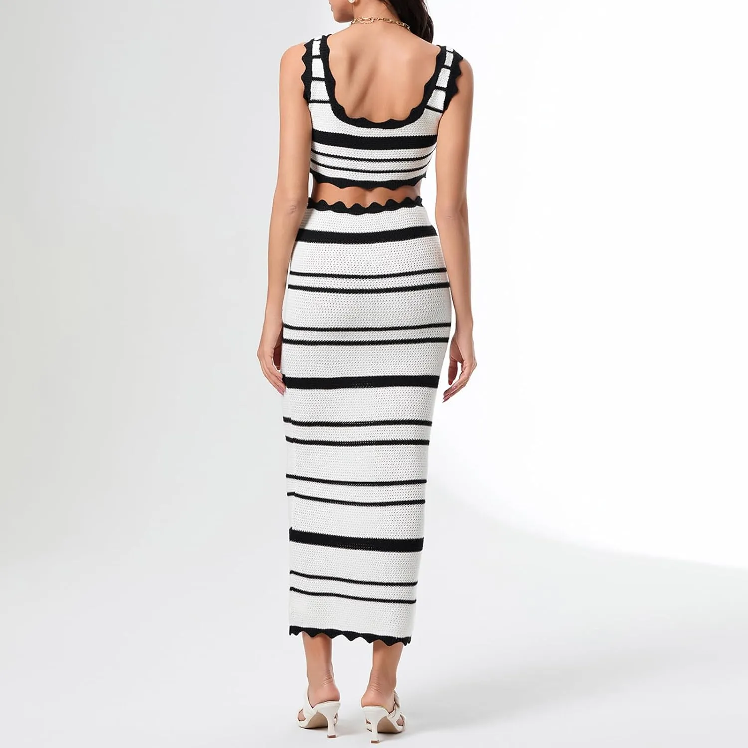Y2k Knit Skirt Sets Women 2 Piece Outfits Striped Button CTank Top With Long Skirt Summer Vacation Beach Cover Up
