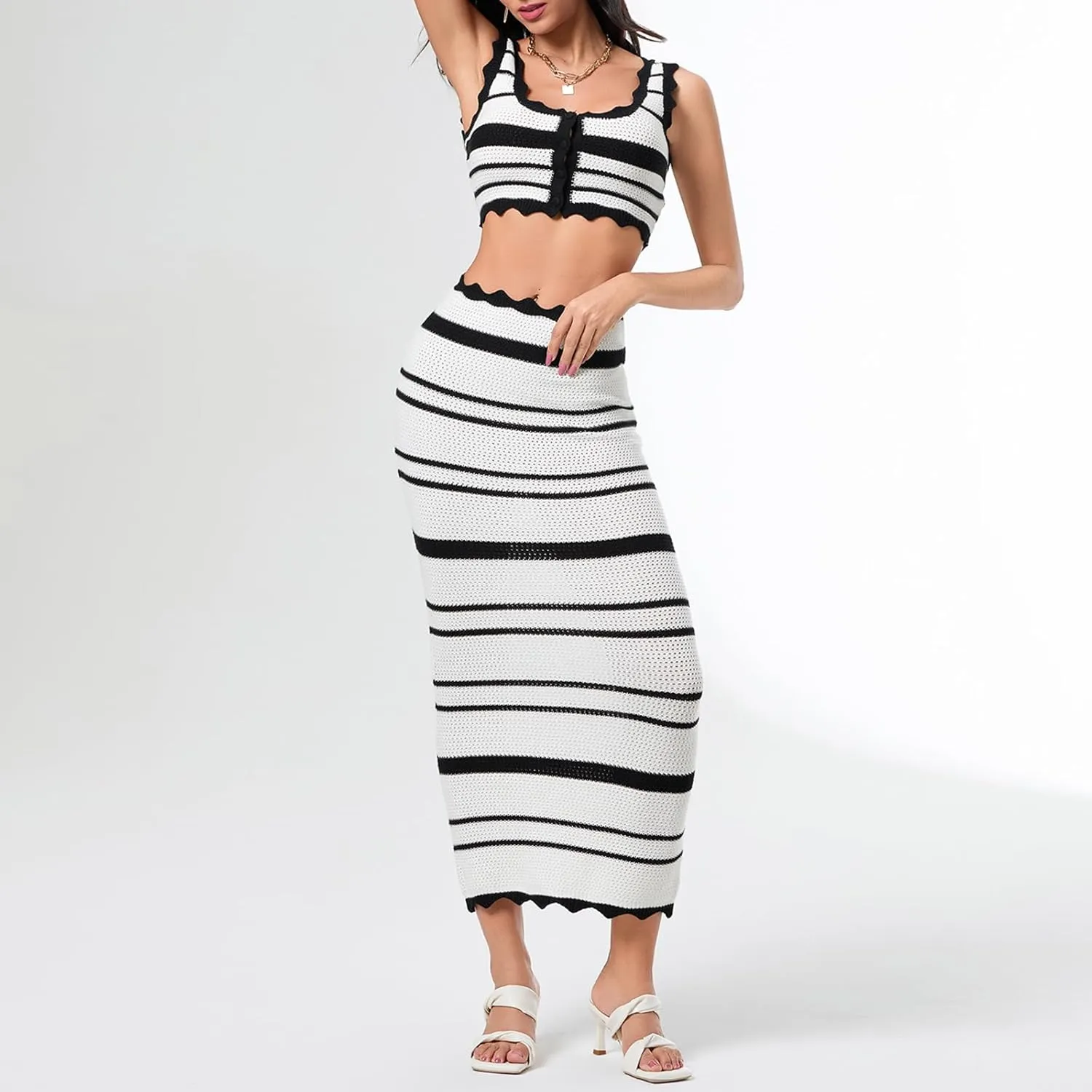 Y2k Knit Skirt Sets Women 2 Piece Outfits Striped Button CTank Top With Long Skirt Summer Vacation Beach Cover Up