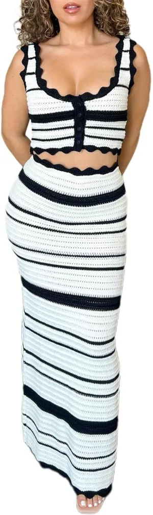 Y2k Knit Skirt Sets Women 2 Piece Outfits Striped Button CTank Top With Long Skirt Summer Vacation Beach Cover Up