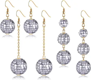 YAHPERN 3Pairs Disco Ball Earrings for Women, Halloween Outfits Accessories, Statement Dance Party Mirror Ball Dangle Earrings Halloween Party Holiday Gifts
