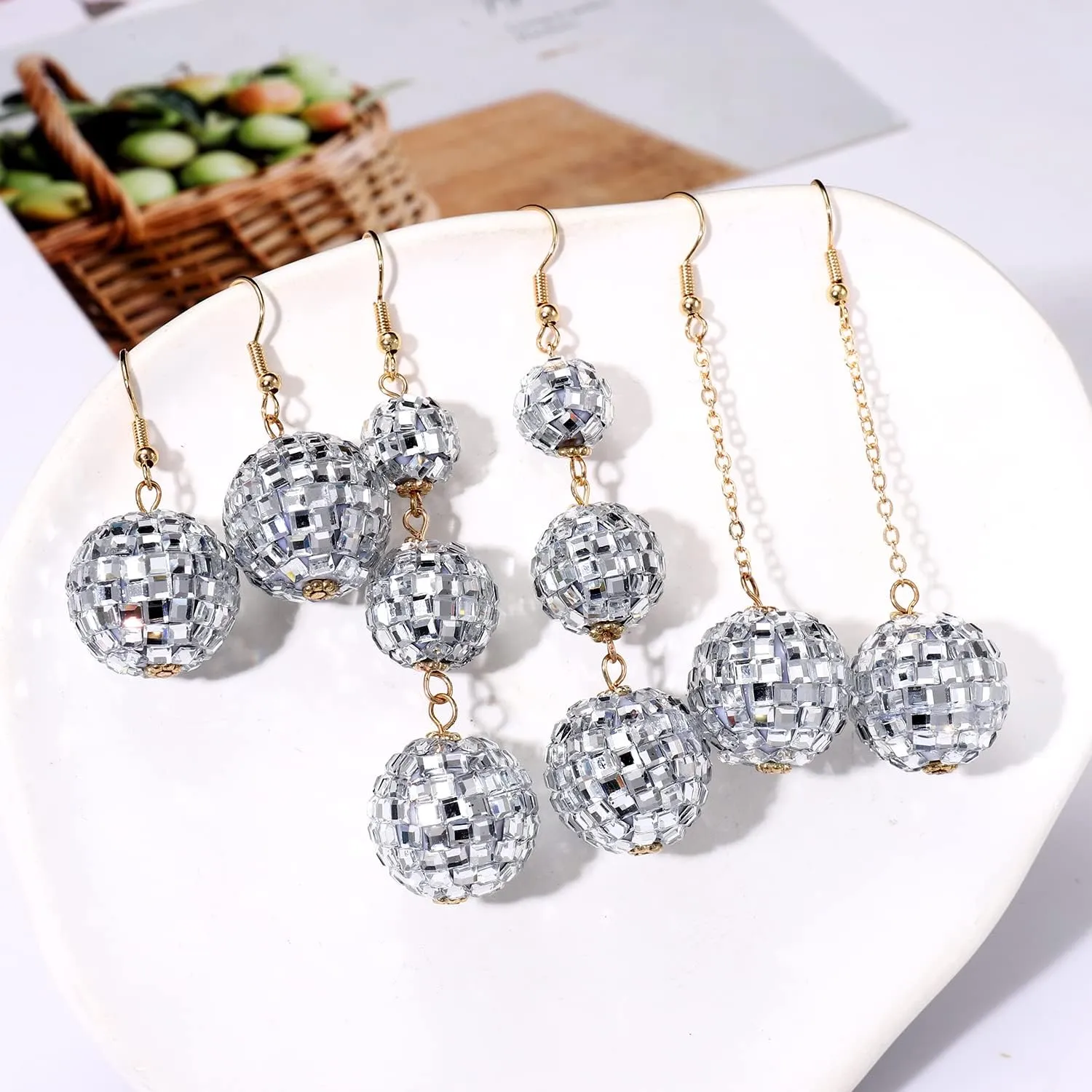 YAHPERN 3Pairs Disco Ball Earrings for Women, Halloween Outfits Accessories, Statement Dance Party Mirror Ball Dangle Earrings Halloween Party Holiday Gifts