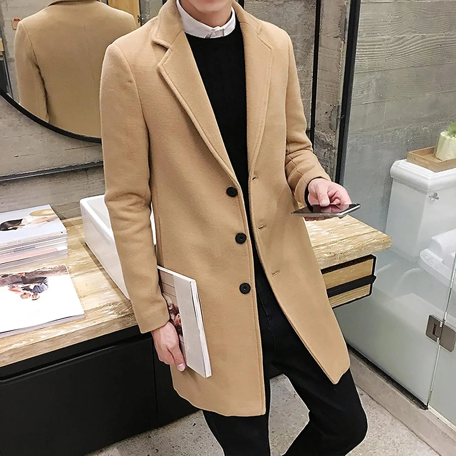 Ymosrh Men's Trench Coat Oversized Notched Long Jacket Coat Single Breasted Lapel Winter Coat, M-5XL