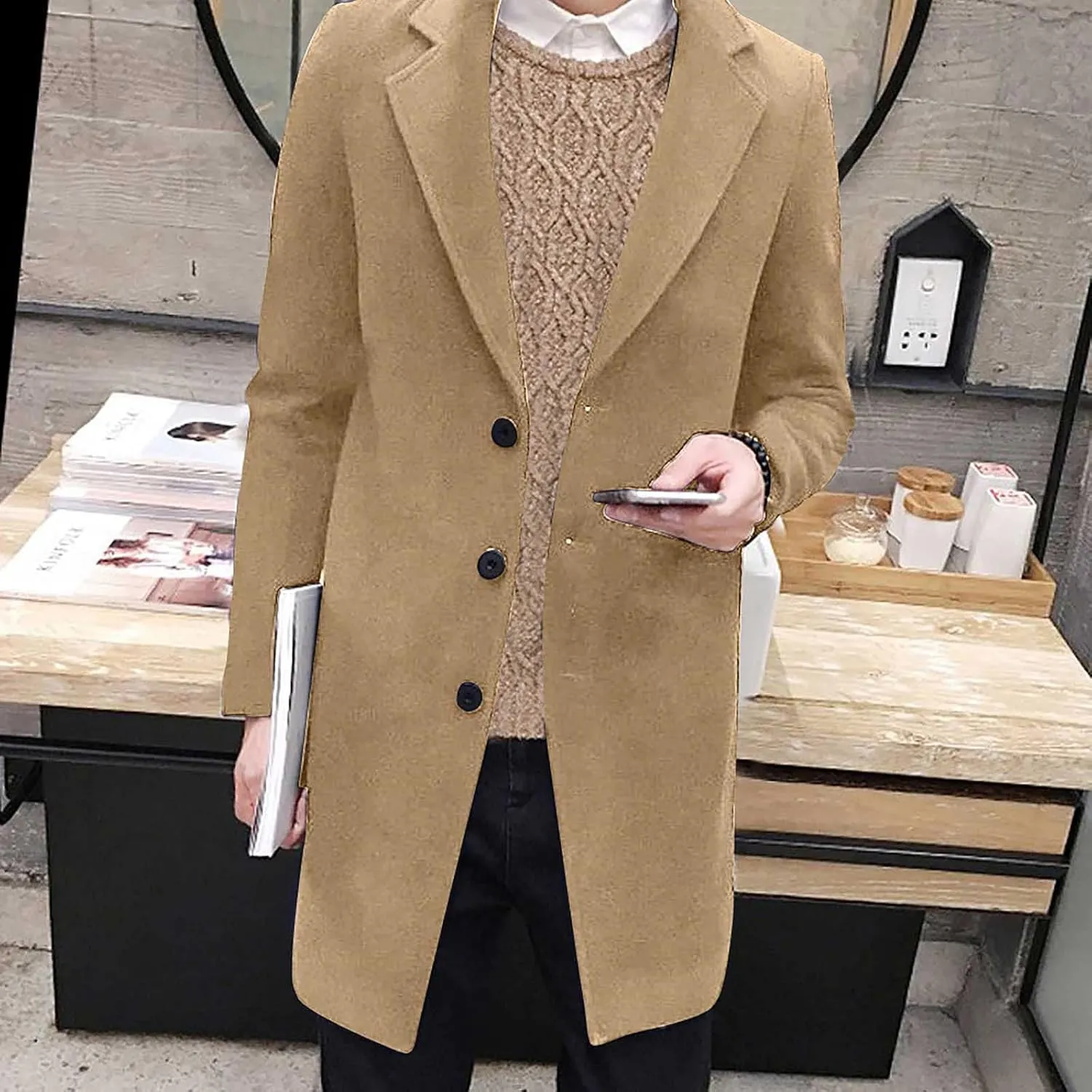 Ymosrh Men's Trench Coat Oversized Notched Long Jacket Coat Single Breasted Lapel Winter Coat, M-5XL
