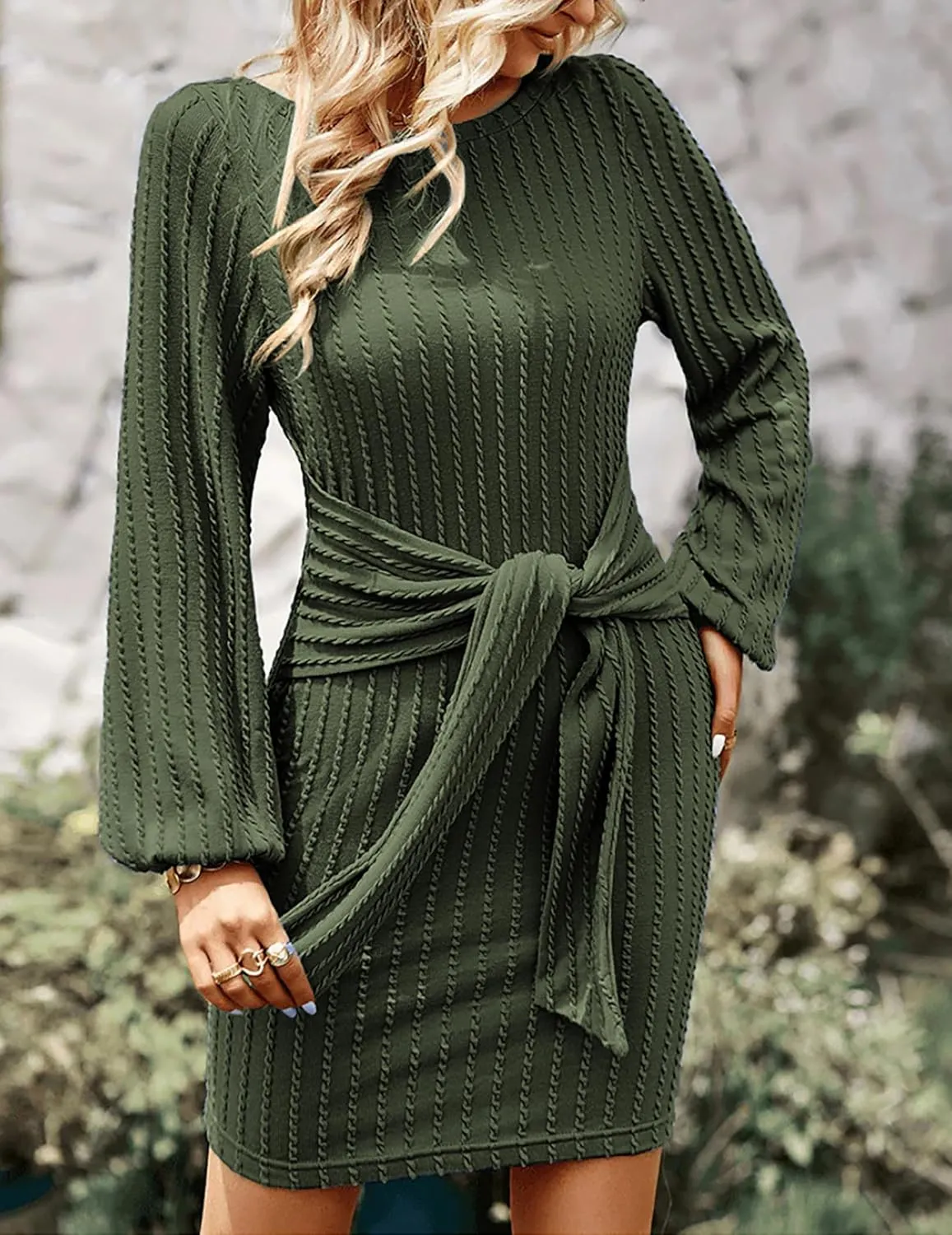 Zeagoo Women's Casual Knit Dress Fall Long Sleeve Bodycon Dress Crewneck Tie Waist Rib Knitted Sweater Dresses
