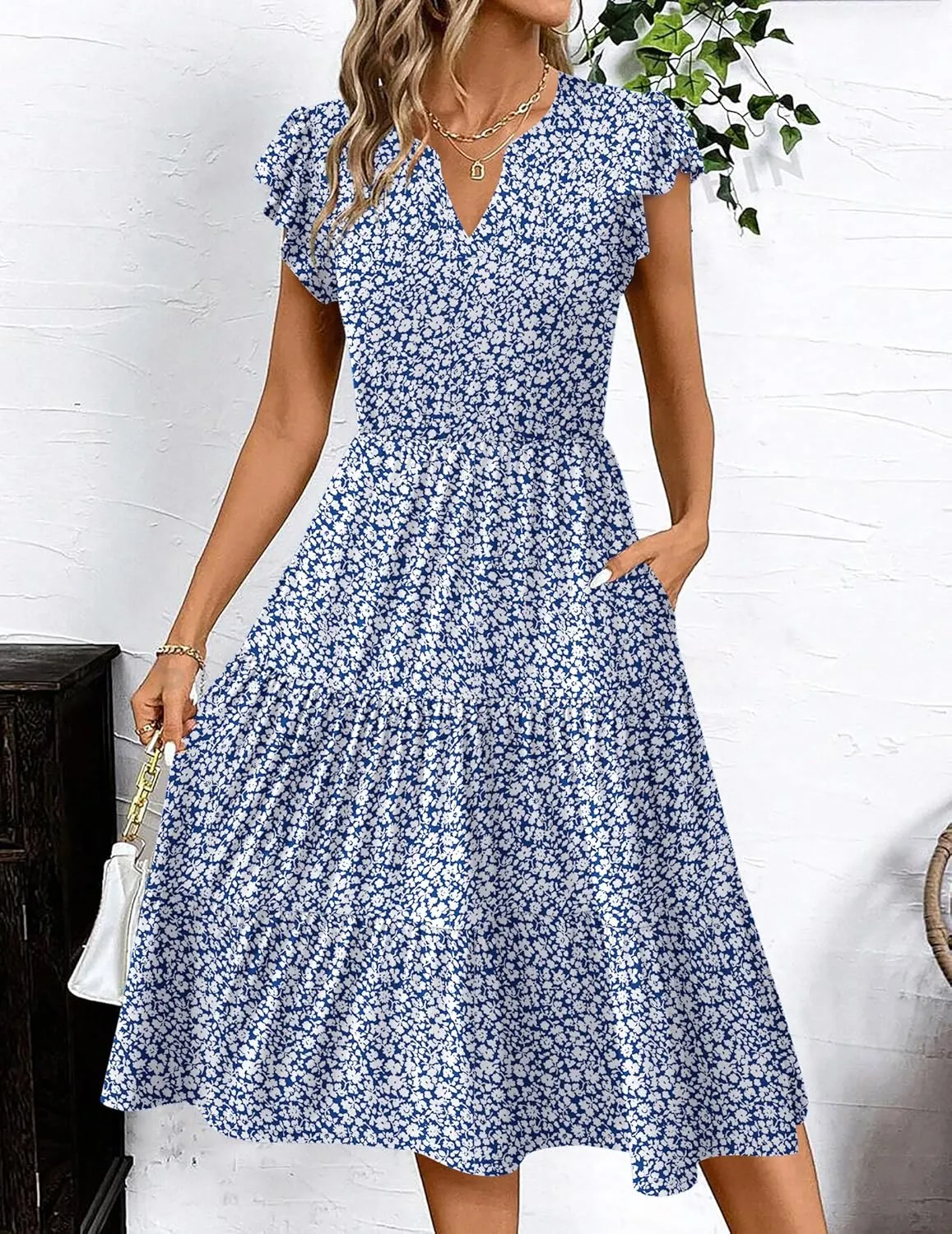Zeagoo Womens Summer Casual Dresses Ruffle Sleeve V Neck Midi Dress Flowy Tiered Dress with Pockets Boho Sundresses