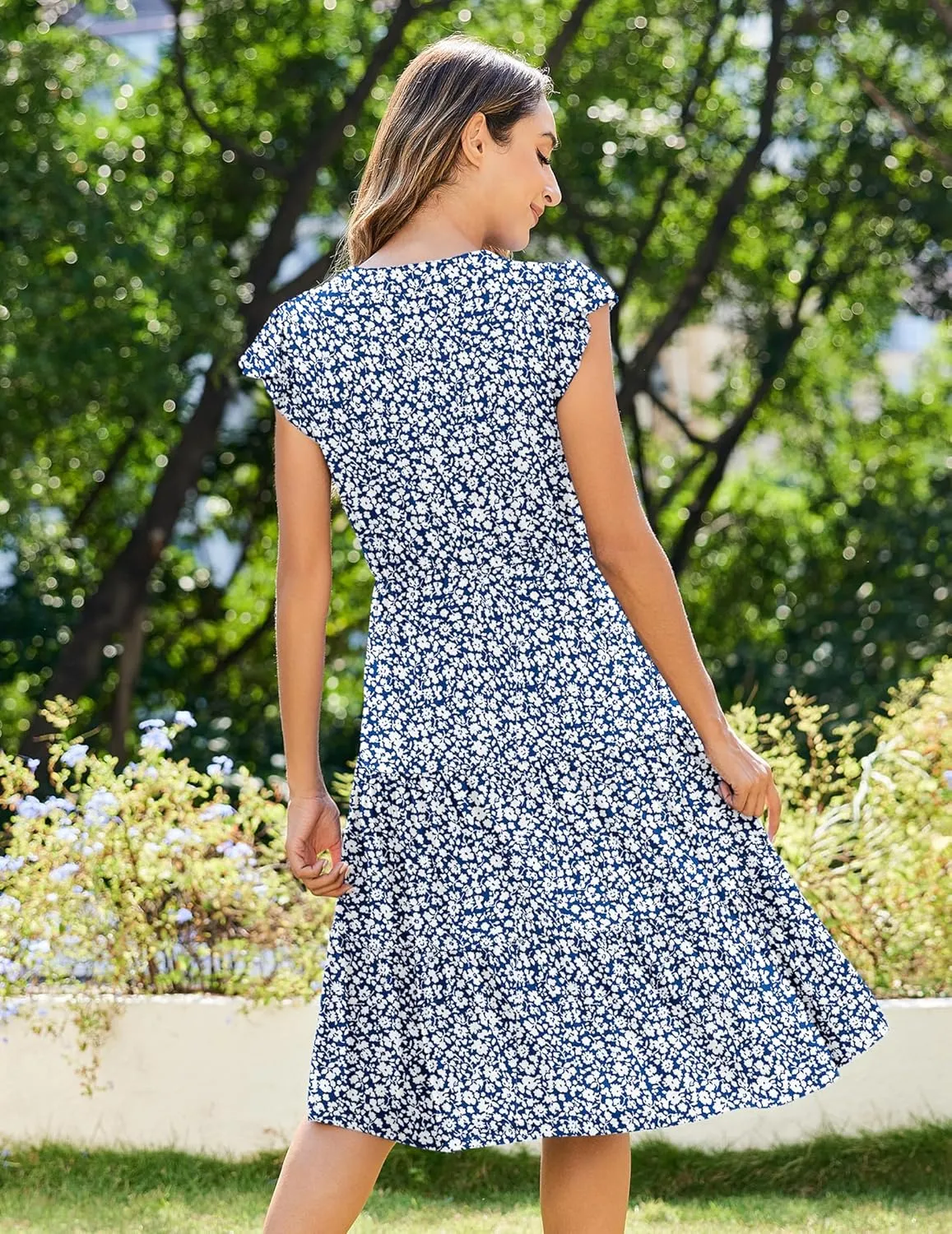 Zeagoo Womens Summer Casual Dresses Ruffle Sleeve V Neck Midi Dress Flowy Tiered Dress with Pockets Boho Sundresses