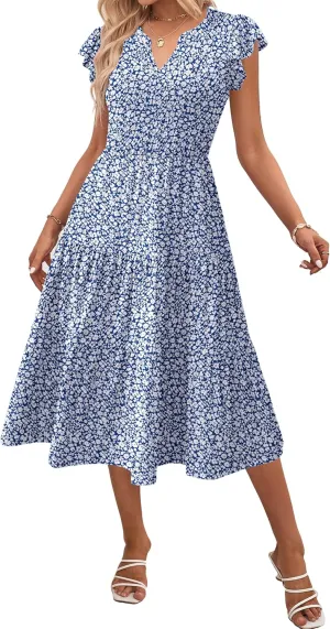 Zeagoo Womens Summer Casual Dresses Ruffle Sleeve V Neck Midi Dress Flowy Tiered Dress with Pockets Boho Sundresses