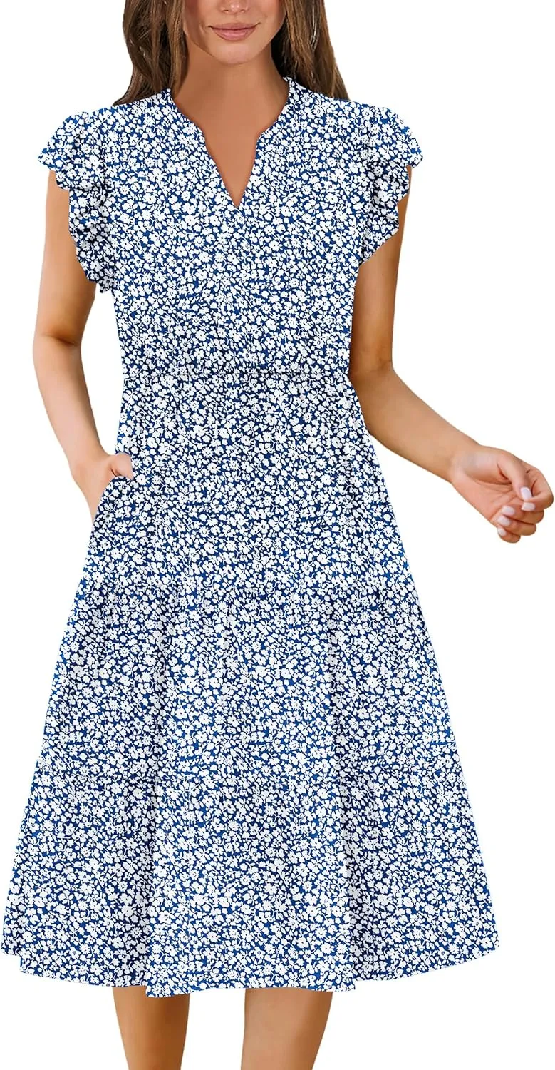 Zeagoo Womens Summer Casual Dresses Ruffle Sleeve V Neck Midi Dress Flowy Tiered Dress with Pockets Boho Sundresses