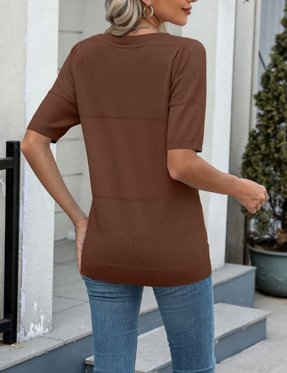 Zeagoo Womens Summer Sweater Casual Short Sleeve Pullover Tops V Neck Lightweight Shirts Ribbed Knit Dressy Blouse