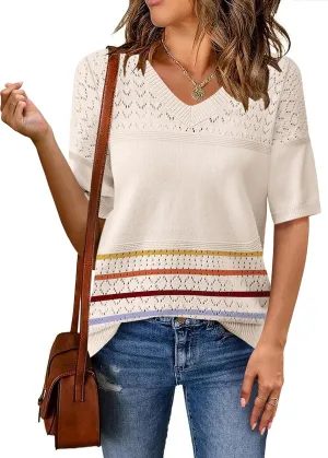 Zeagoo Womens Summer Sweater Casual Short Sleeve Pullover Tops V Neck Lightweight Shirts Ribbed Knit Dressy Blouse