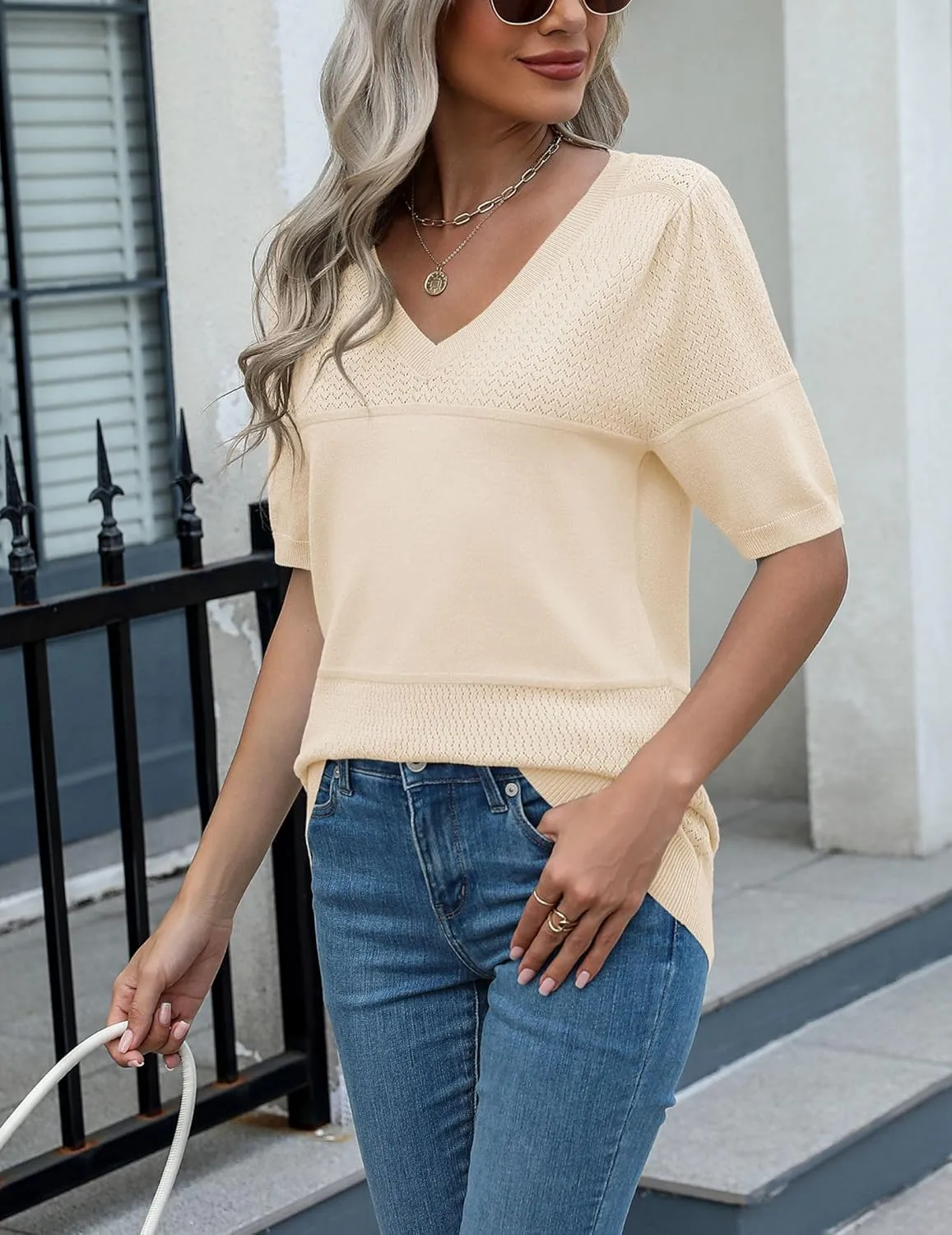 Zeagoo Womens Summer Sweater Casual Short Sleeve Pullover Tops V Neck Lightweight Shirts Ribbed Knit Dressy Blouse