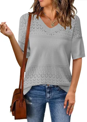 Zeagoo Womens Summer Sweater Casual Short Sleeve Pullover Tops V Neck Lightweight Shirts Ribbed Knit Dressy Blouse