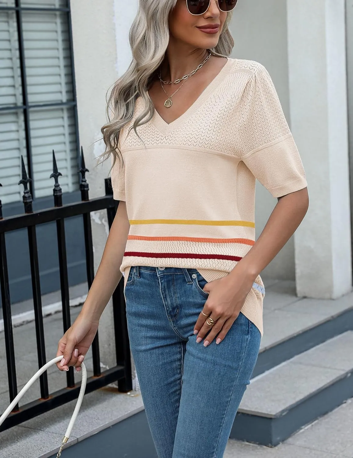 Zeagoo Womens Summer Sweater Casual Short Sleeve Pullover Tops V Neck Lightweight Shirts Ribbed Knit Dressy Blouse