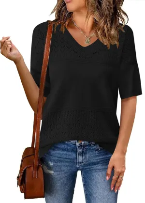 Zeagoo Womens Summer Sweater Casual Short Sleeve Pullover Tops V Neck Lightweight Shirts Ribbed Knit Dressy Blouse