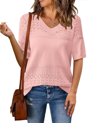 Zeagoo Womens Summer Sweater Casual Short Sleeve Pullover Tops V Neck Lightweight Shirts Ribbed Knit Dressy Blouse