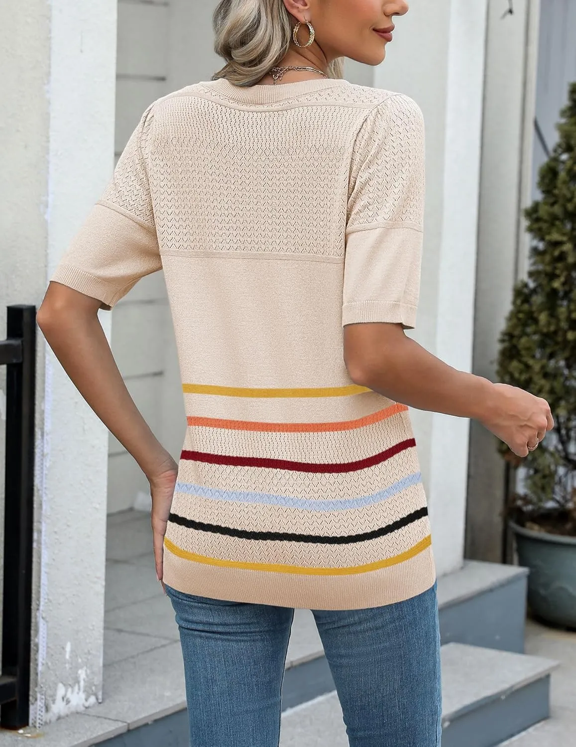Zeagoo Womens Summer Sweater Casual Short Sleeve Pullover Tops V Neck Lightweight Shirts Ribbed Knit Dressy Blouse