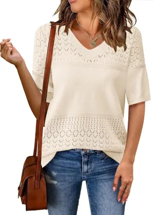Zeagoo Womens Summer Sweater Casual Short Sleeve Pullover Tops V Neck Lightweight Shirts Ribbed Knit Dressy Blouse
