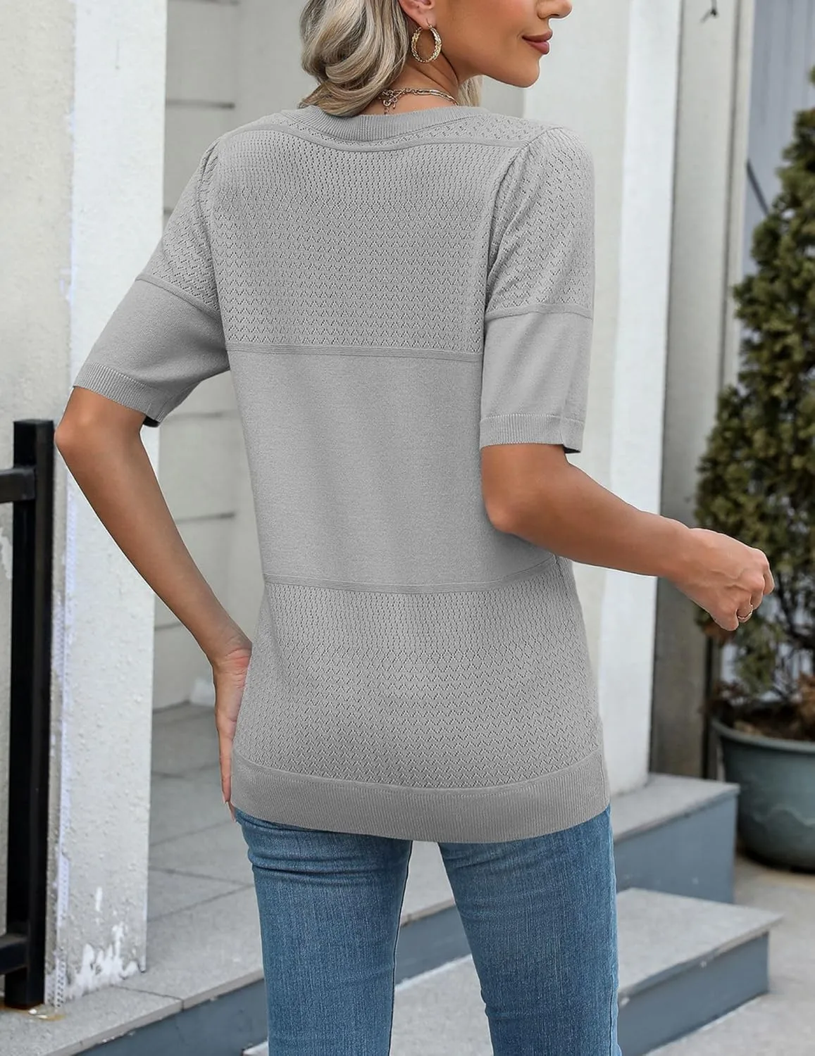 Zeagoo Womens Summer Sweater Casual Short Sleeve Pullover Tops V Neck Lightweight Shirts Ribbed Knit Dressy Blouse
