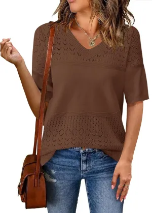 Zeagoo Womens Summer Sweater Casual Short Sleeve Pullover Tops V Neck Lightweight Shirts Ribbed Knit Dressy Blouse