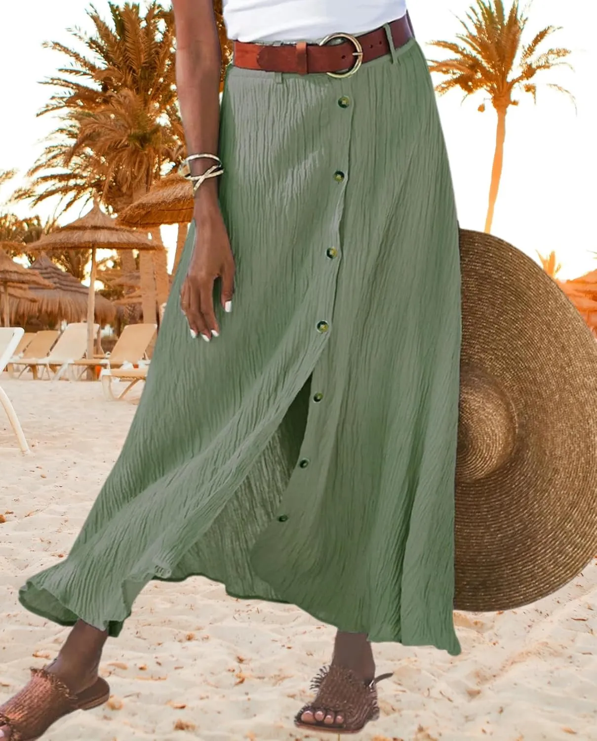 ZOCANIA Women's Casual Button Front A Line Long Skirt Split High Waisted Flare Skirts Cotton Pleated Swing Flowy Maxi Skirt