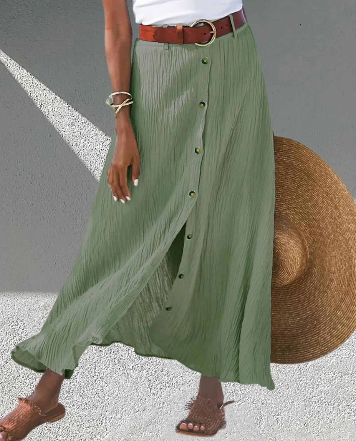 ZOCANIA Women's Casual Button Front A Line Long Skirt Split High Waisted Flare Skirts Cotton Pleated Swing Flowy Maxi Skirt