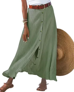 ZOCANIA Women's Casual Button Front A Line Long Skirt Split High Waisted Flare Skirts Cotton Pleated Swing Flowy Maxi Skirt