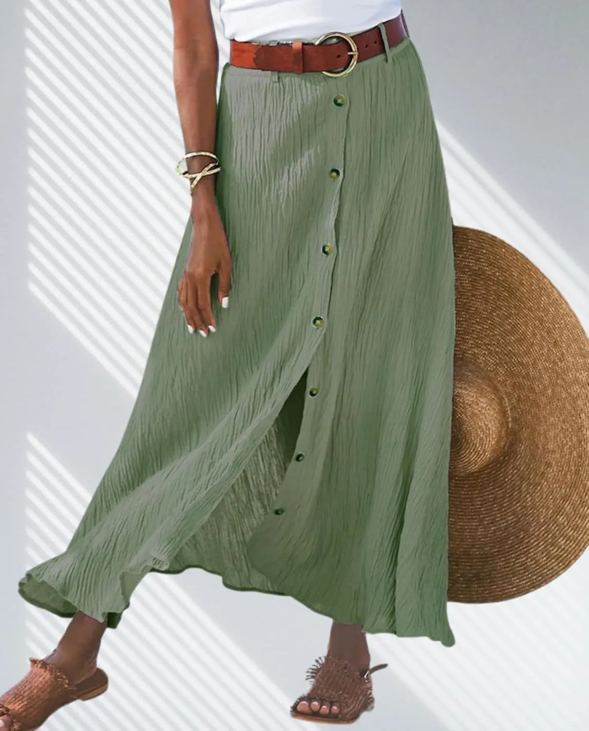 ZOCANIA Women's Casual Button Front A Line Long Skirt Split High Waisted Flare Skirts Cotton Pleated Swing Flowy Maxi Skirt