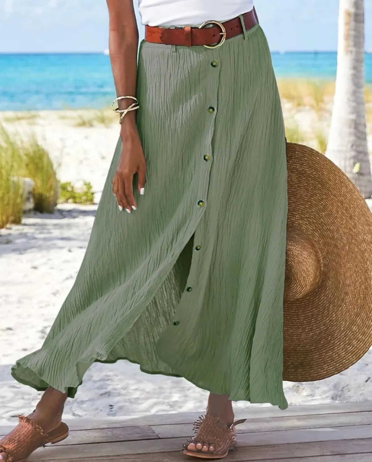ZOCANIA Women's Casual Button Front A Line Long Skirt Split High Waisted Flare Skirts Cotton Pleated Swing Flowy Maxi Skirt
