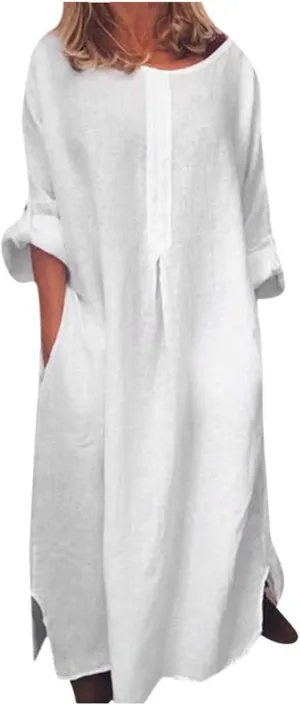 ZWRXW Linen Dresses for Women 2024 Solid Plus Size Loose Maxi Dress Summer Casual 3/4 Sleeve Baggy Shirt Dress with Pockets
