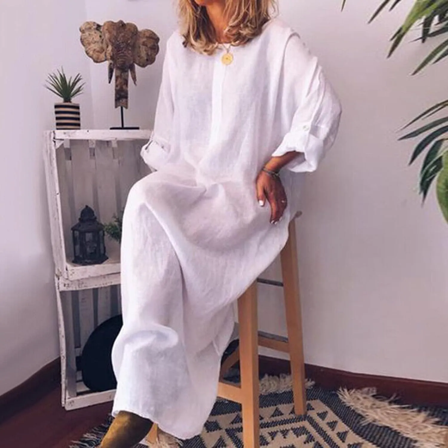 ZWRXW Linen Dresses for Women 2024 Solid Plus Size Loose Maxi Dress Summer Casual 3/4 Sleeve Baggy Shirt Dress with Pockets