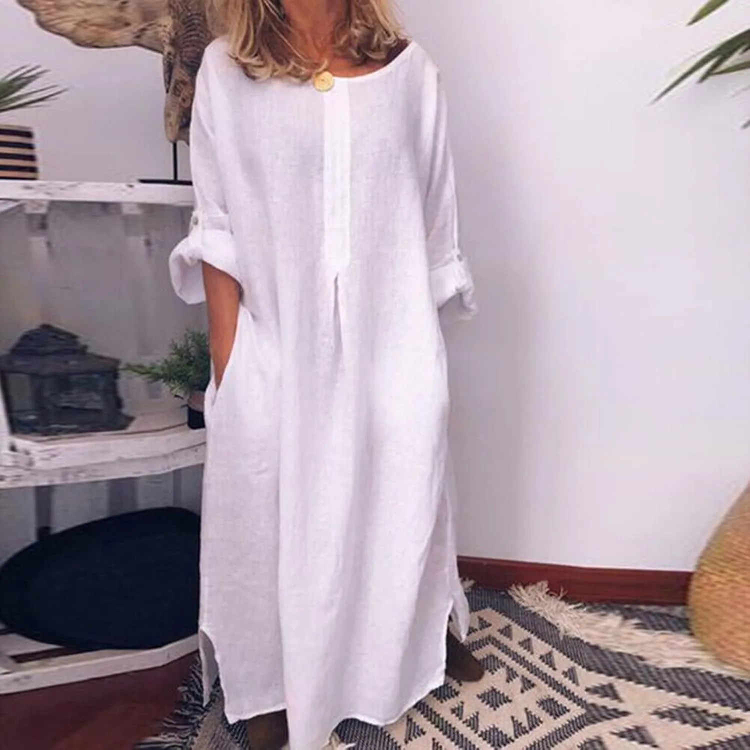 ZWRXW Linen Dresses for Women 2024 Solid Plus Size Loose Maxi Dress Summer Casual 3/4 Sleeve Baggy Shirt Dress with Pockets